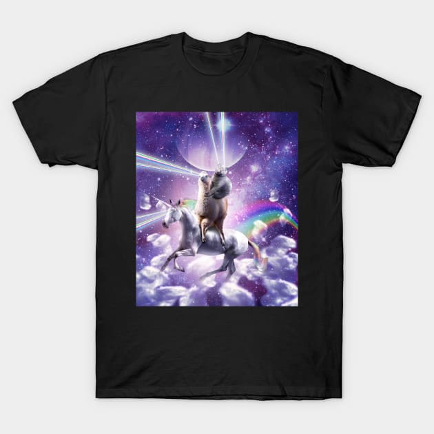 Laser Eyes Space Cat On Llama Unicorn - Rainbow T-Shirt by Random Galaxy